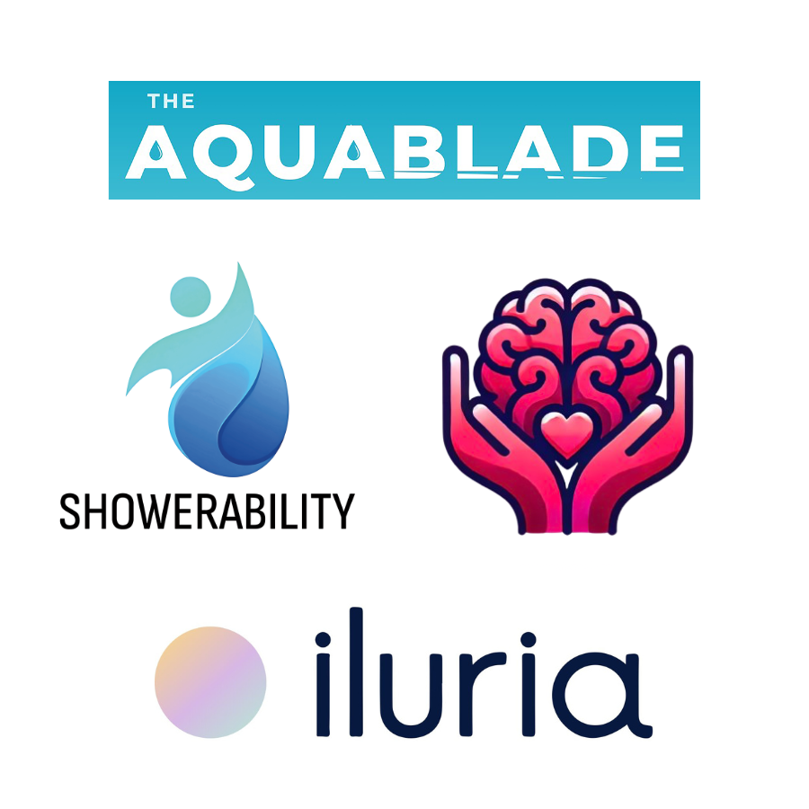 Aquablade, Showerability, FemmeMind, and Iluria logos