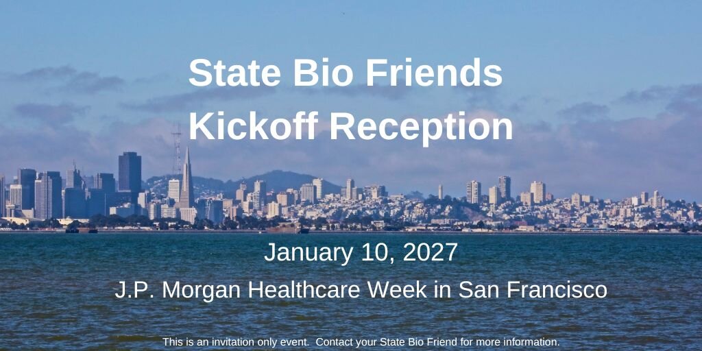 Graphic that reads State Bio Friends Kickoff Reception. Background is a city skyline of San Francisco.